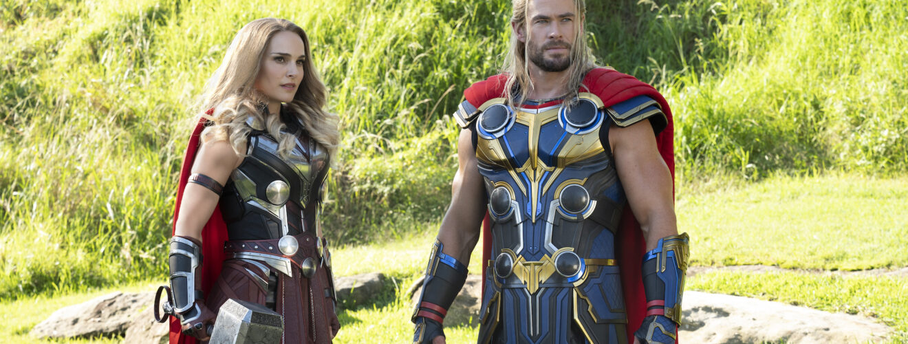 Natalie Portman and Chris Hemsworth decked out in Thor armor in Thor: Love and Thunder