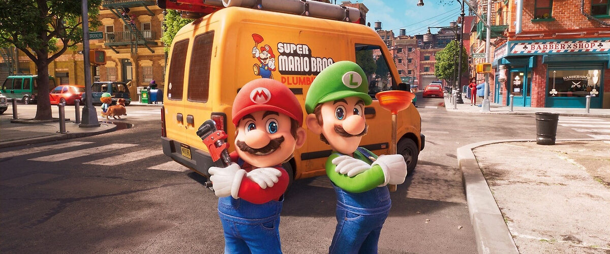 Mario and Luigi in Brooklyn in front of their van in The Super Mario Bros. Movie